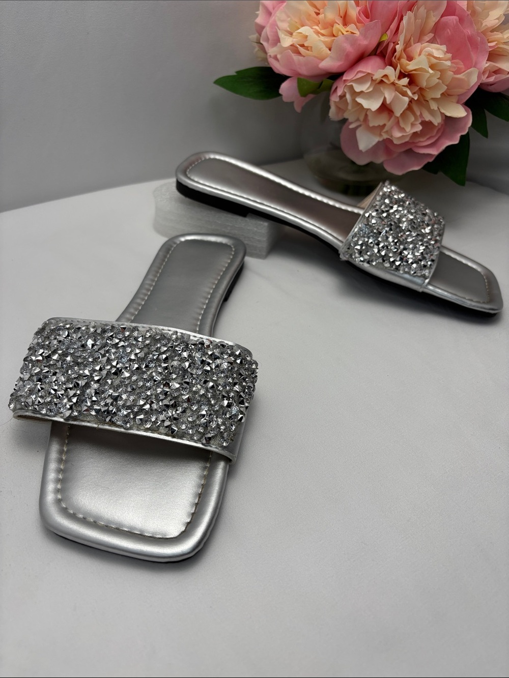 Fashion Womens 10 Silver‎ Bling Crystal Slide Sandals -  #444